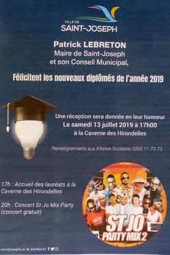 7 juillet 2019 - Presse locale de la Runion - Encart de flicitations aux nouveaux bacheliers - Mairie de St-Joseph
