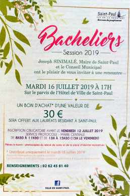 7 juillet 2019 - Presse locale de la Runion - Encart de flicitations aux nouveaux bacheliers - Mairie de St- Paul - Bon d'achat de 30 €