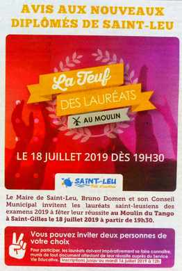 7 juillet 2019 - Presse locale de la Runion - Encart de flicitations aux nouveaux bacheliers - Mairie de St-Leu